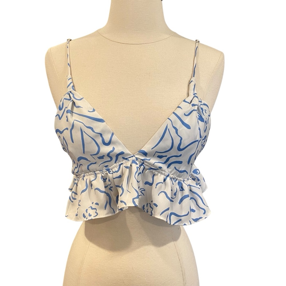Resa Bralette Crop Top With Frill Hem In White & Blue Print